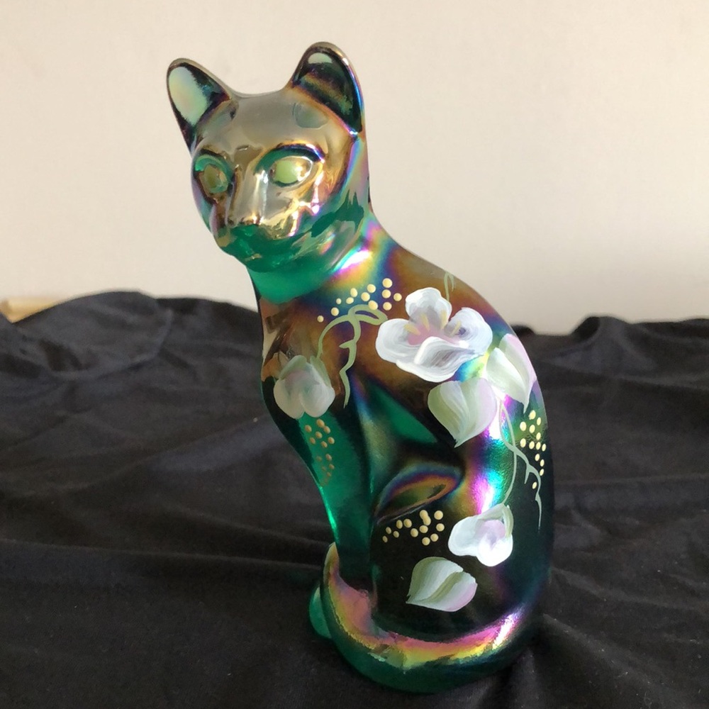 Fenton Stylist Cat Carnival Glass Hand-painted Flowers 5” Beautiful